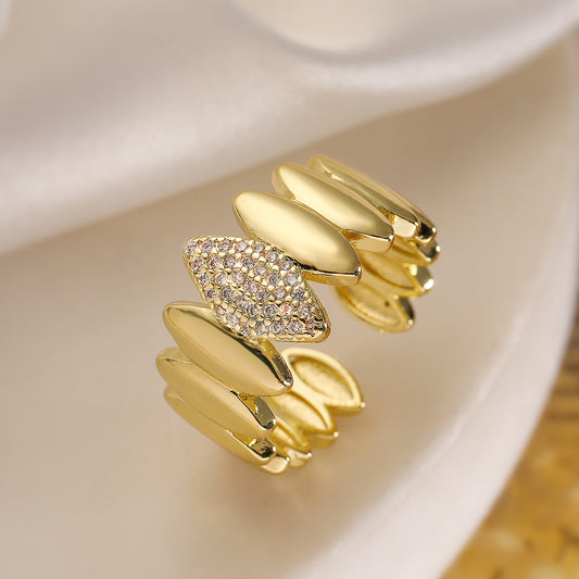 Adjustable 18K Gold-Plated Open Ring for Women - Minimalist Leaf Design with Zircon Accents, Eco-Friendly Copper Jewelry