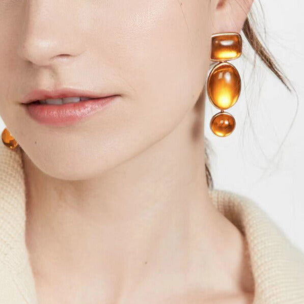 Baroque-Inspired Geometric Oval Earrings - Green & Amber Stone Accents, Fashion-Forward Metallic Design, Perfect for Trendy Outfits & Stylish Events, Must-Have Accessory