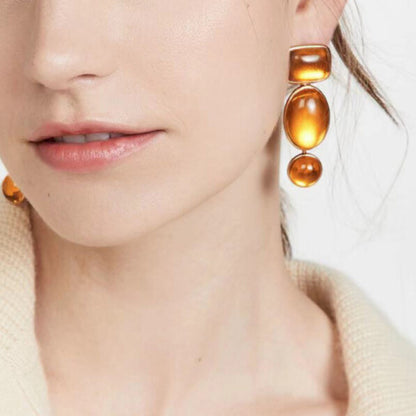Baroque-Inspired Geometric Oval Earrings - Green & Amber Stone Accents, Fashion-Forward Metallic Design, Perfect for Trendy Outfits & Stylish Events, Must-Have Accessory