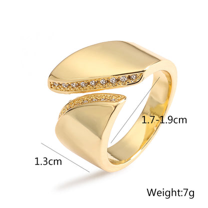 Elegant Geo 18K Gold-Plated Copper Ring with Zircon Detailing,Adjustable Statement Ring for Woman