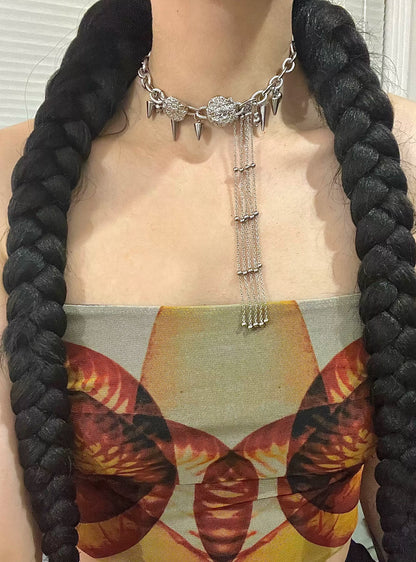 Tassel Punk Rivet Silver Necklace Sweet Cool Girl Choker, Titanium Steel Metallic Unique Accessory