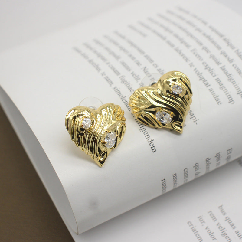 Chic Vintage Graffiti Heart Earrings with Sparkling Gemstones, Gold-Tone Retro Love Statement Jewelry, Ideal for Trendsetters and Special Occasions