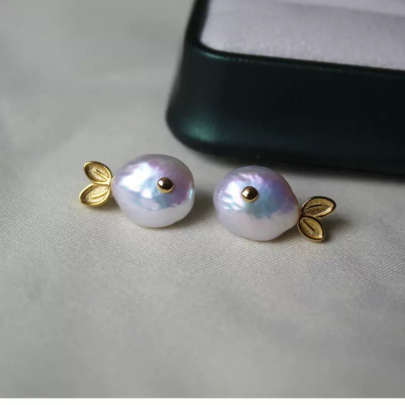 Baroque Pearl Small Fish Stud Earrings with Aurora Borealis Button Whale in S925 Sterling Silver