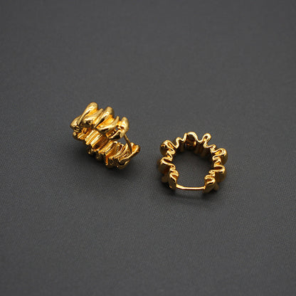 Elegant Gold-Plated Copper Hoop Earrings with Ruffled Texture, Sophisticated Accessory for Fashion Aficionados, Perfect for Evening Soirees and High-End Social Gatherings