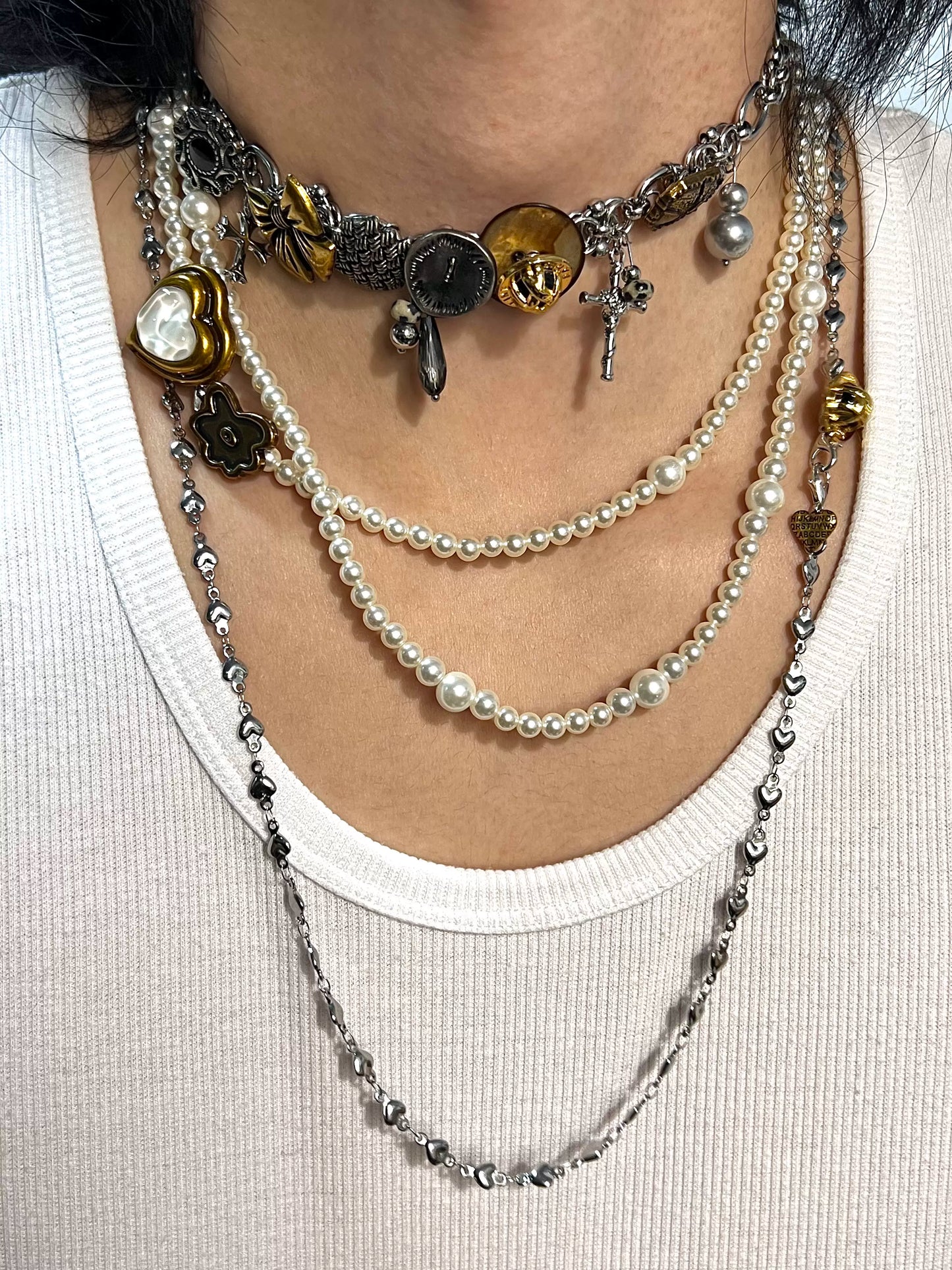 Punk Layered Planet Bowed Choker Love Freshwater Pearl Necklace, Vintage Cross and Love Style, Unique Choker