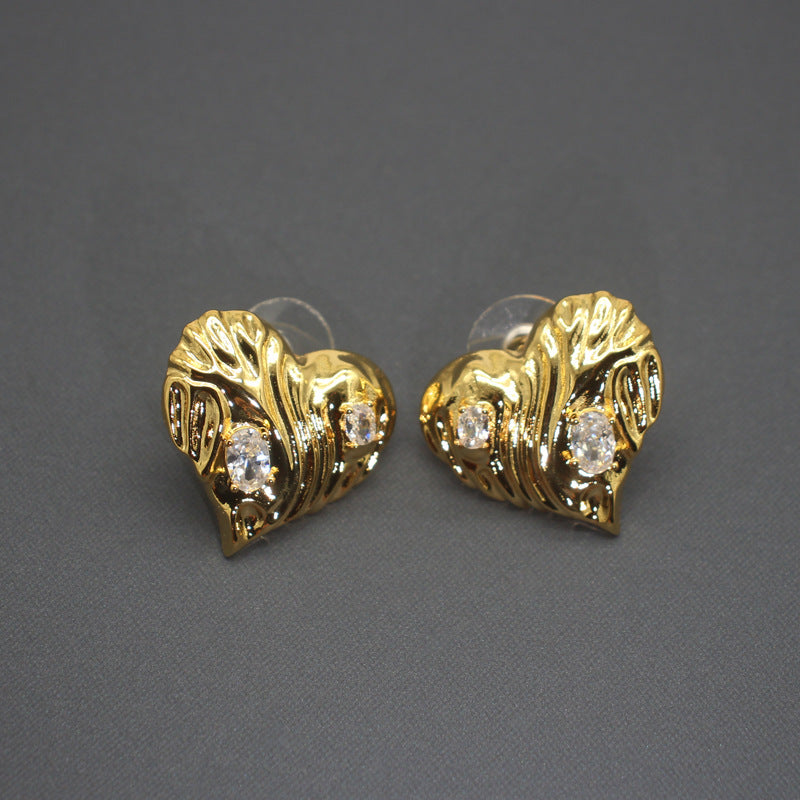 Chic Vintage Graffiti Heart Earrings with Sparkling Gemstones, Gold-Tone Retro Love Statement Jewelry, Ideal for Trendsetters and Special Occasions