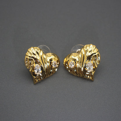 Chic Vintage Graffiti Heart Earrings with Sparkling Gemstones, Gold-Tone Retro Love Statement Jewelry, Ideal for Trendsetters and Special Occasions