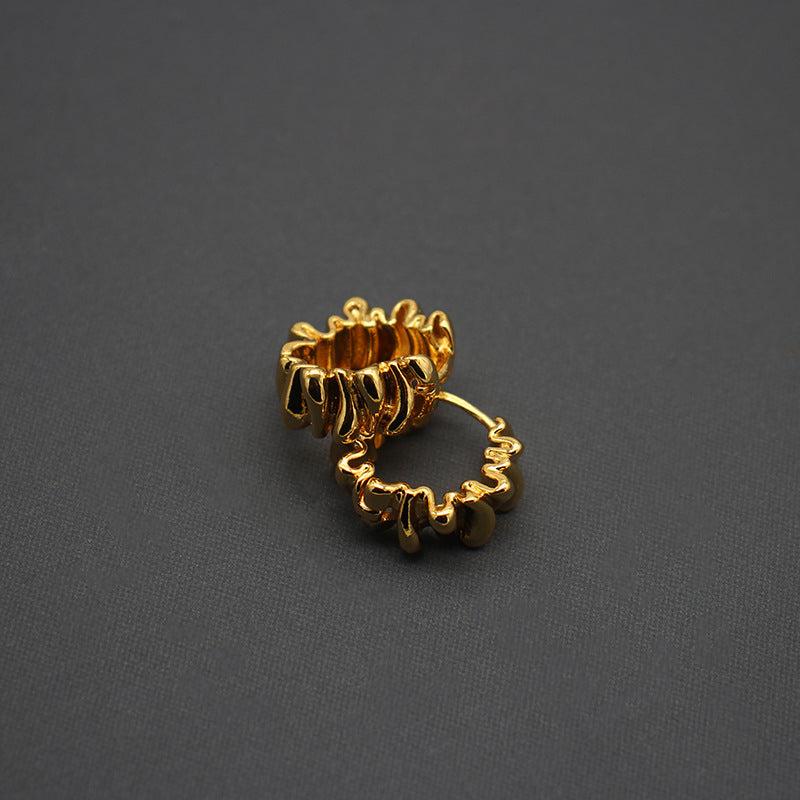 Elegant Gold-Plated Copper Hoop Earrings with Ruffled Texture, Sophisticated Accessory for Fashion Aficionados, Perfect for Evening Soirees and High-End Social Gatherings
