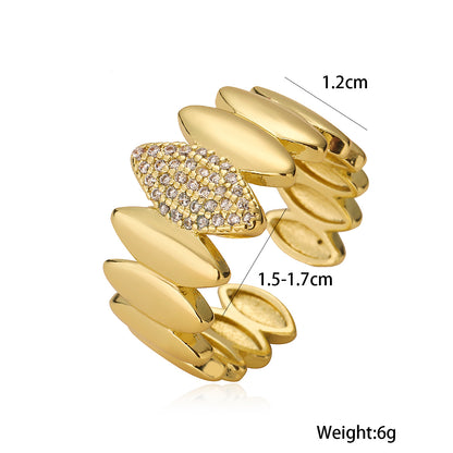 Adjustable 18K Gold-Plated Open Ring for Women - Minimalist Leaf Design with Zircon Accents, Eco-Friendly Copper Jewelry