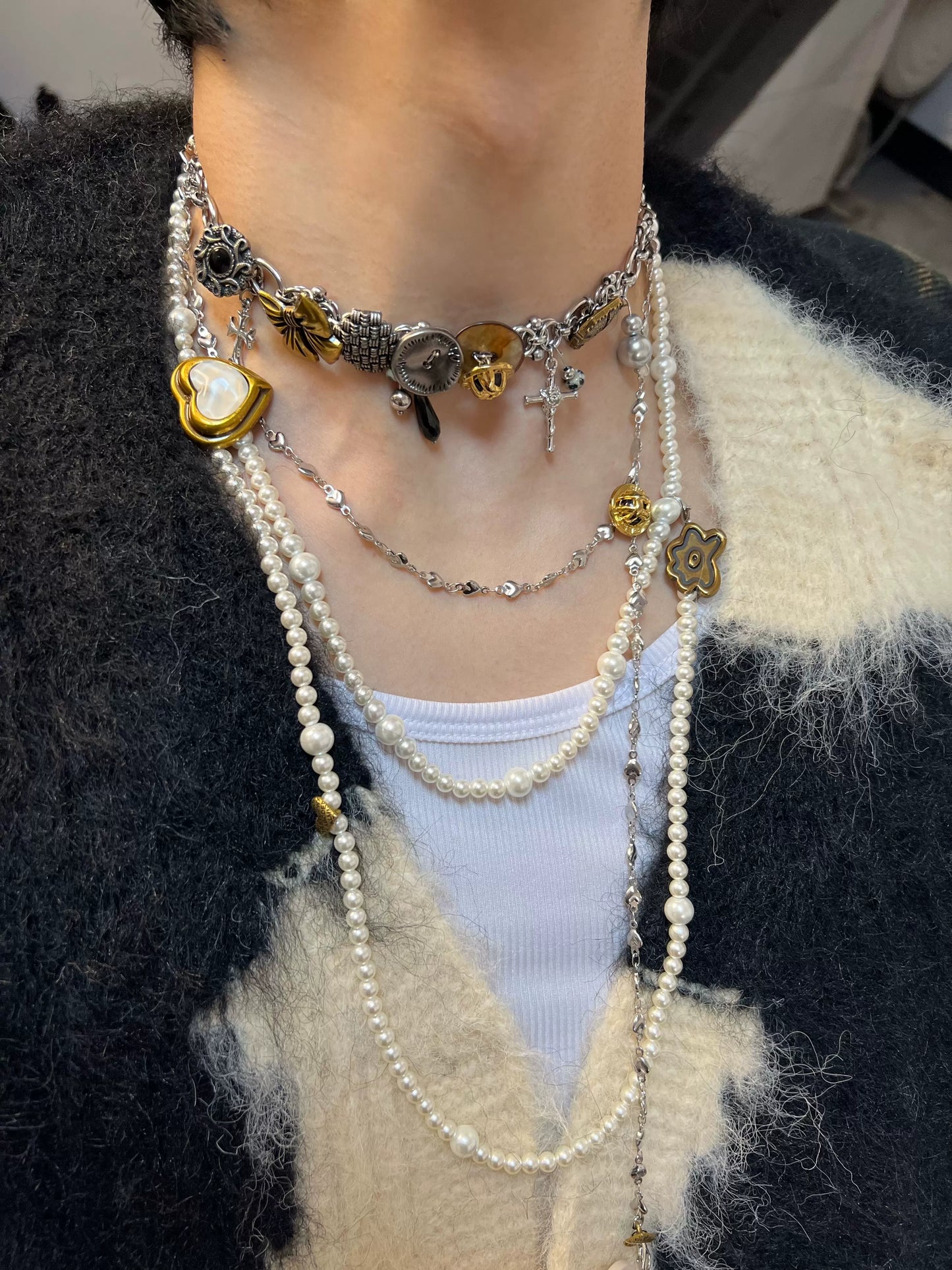 Punk Layered Planet Bowed Choker Love Freshwater Pearl Necklace, Vintage Cross and Love Style, Unique Choker
