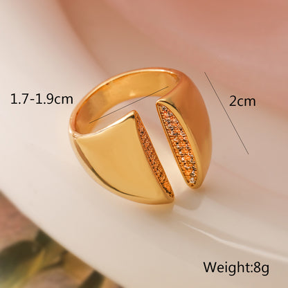 Elegant Geo 18K Gold-Plated Copper Ring with Zircon Detailing,Adjustable Statement Ring for Woman