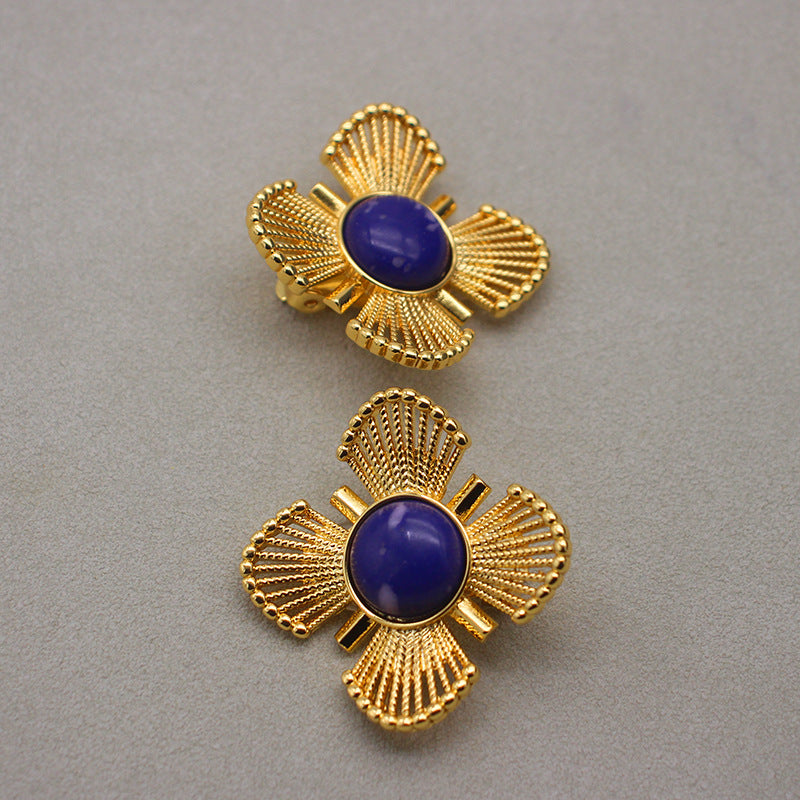 Elegant Gold-Toned Floral Clip-On Earrings with Central Blue Stone - Versatile Fashion Accessory for Day to Night Wear, Perfect Gift for Her, Ideal for Casual and Formal Occasions