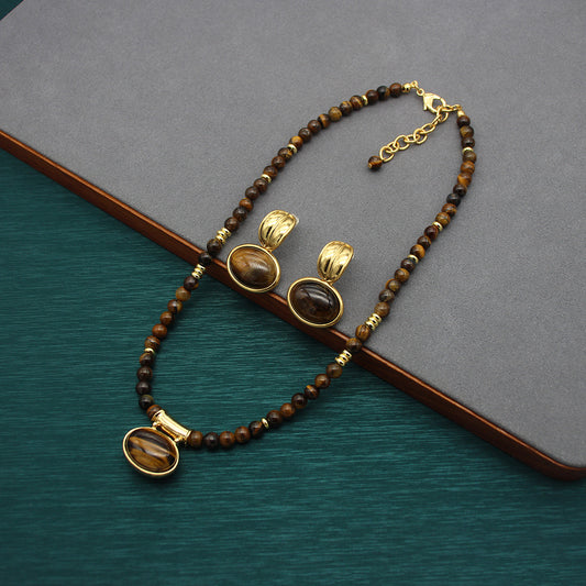 Elegant Tiger’s Eye Stone Necklace and Earrings Set, Versatile Gold-Tone Jewelry, Perfect for Bohemian Chic and Sophisticated Styles