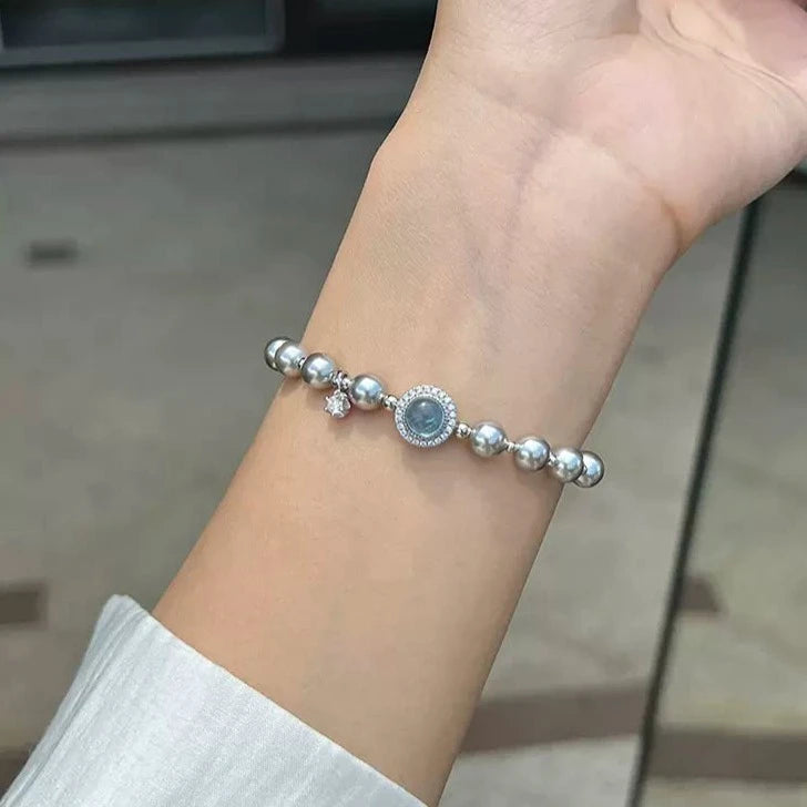 Sterling Silver Bracelet inS925 silver, Sparkling Aquamarine High-Quality Luminous Pearl Bracelet