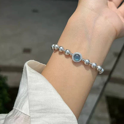 Sterling Silver Bracelet inS925 silver, Sparkling Aquamarine High-Quality Luminous Pearl Bracelet