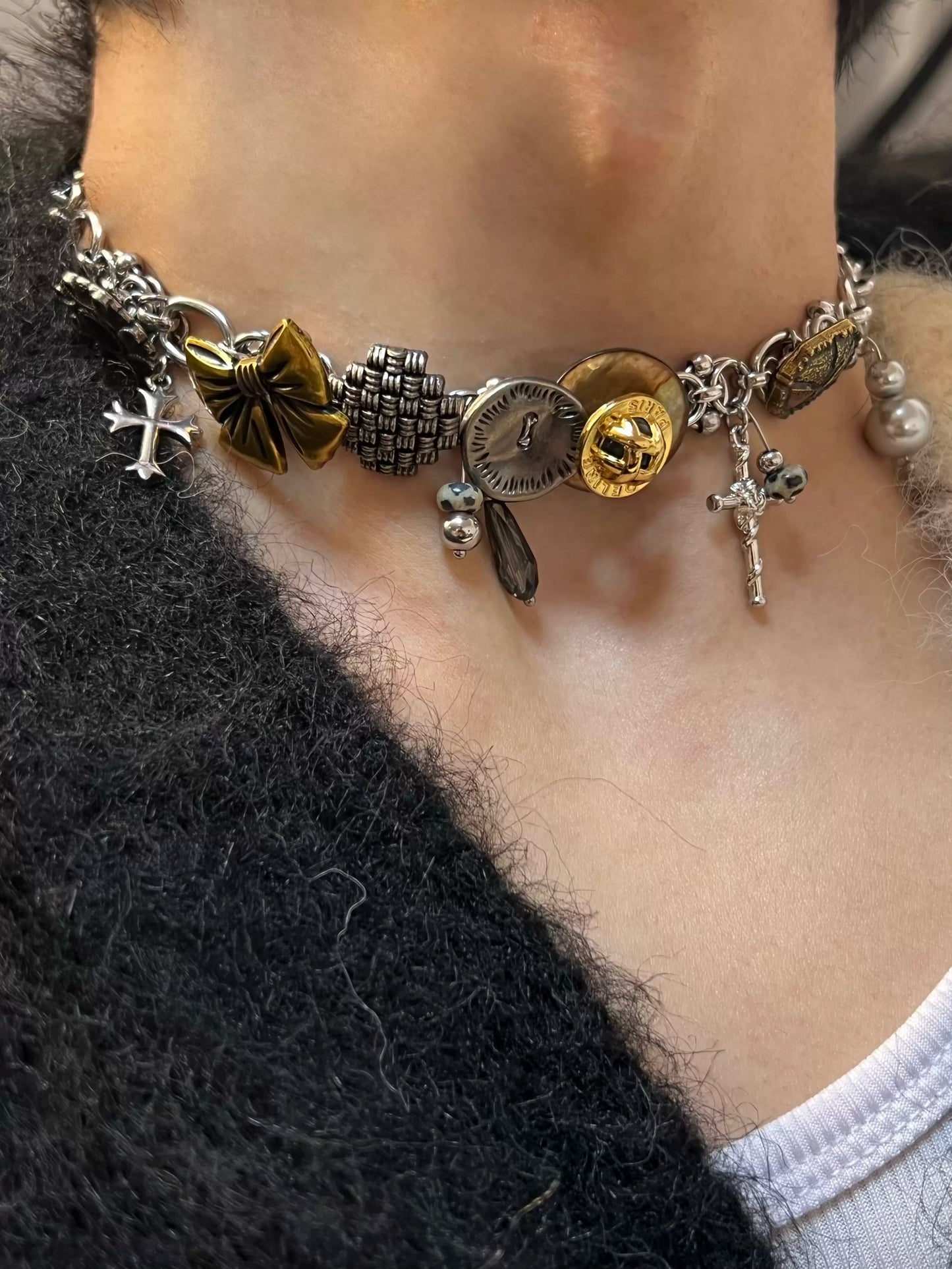 Punk Layered Planet Bowed Choker Love Freshwater Pearl Necklace, Vintage Cross and Love Style, Unique Choker