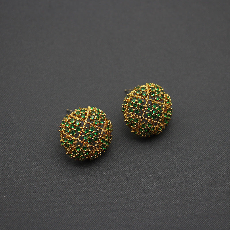 Luxurious Floral-Embellished Green Zirconia Stud Earrings, Gold-Plated Circular Design, Elegant Jewelry for Sophisticated Evenings and Celebratory Occasions
