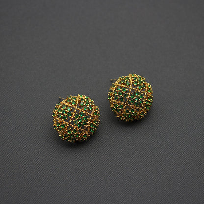 Luxurious Floral-Embellished Green Zirconia Stud Earrings, Gold-Plated Circular Design, Elegant Jewelry for Sophisticated Evenings and Celebratory Occasions