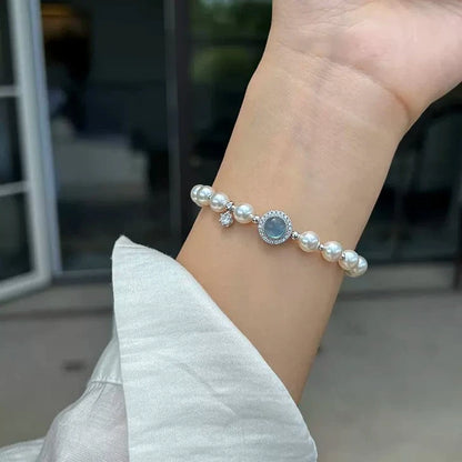 Sterling Silver Bracelet inS925 silver, Sparkling Aquamarine High-Quality Luminous Pearl Bracelet