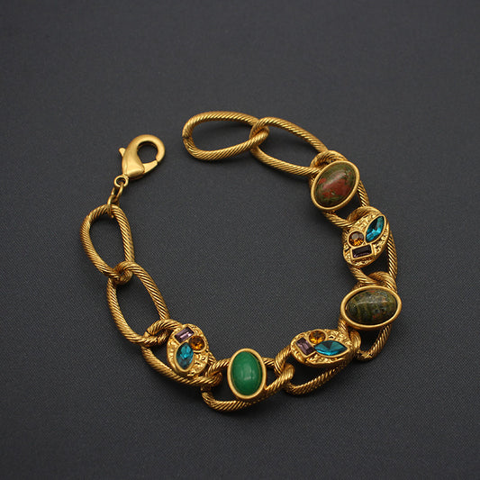 Elegant Gold-Plated Bracelet Adorned with Multicolored Gemstones, Luxurious Accessory for Diverse Fashion Styles and Occasions, Perfect for Adding a Touch of Glamour