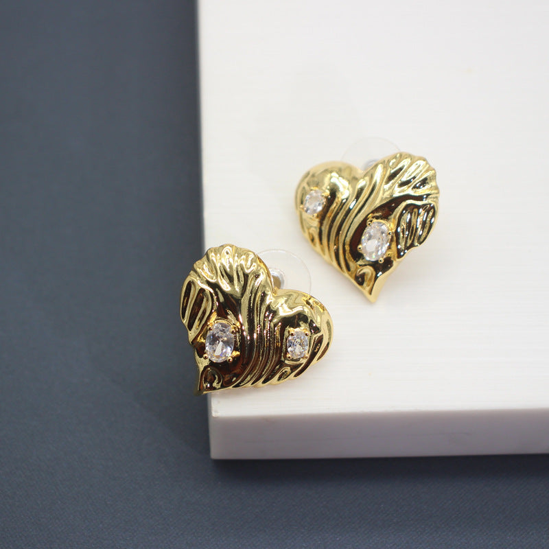 Chic Vintage Graffiti Heart Earrings with Sparkling Gemstones, Gold-Tone Retro Love Statement Jewelry, Ideal for Trendsetters and Special Occasions