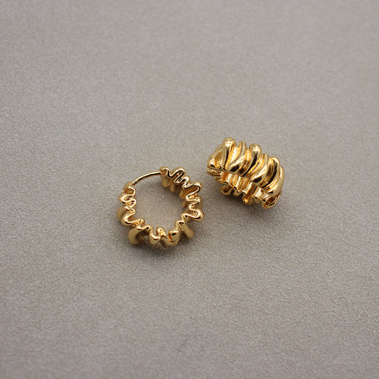 Elegant Gold-Plated Copper Hoop Earrings with Ruffled Texture, Sophisticated Accessory for Fashion Aficionados, Perfect for Evening Soirees and High-End Social Gatherings