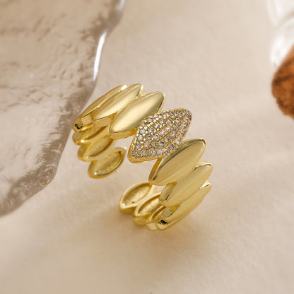 Adjustable 18K Gold-Plated Open Ring for Women - Minimalist Leaf Design with Zircon Accents, Eco-Friendly Copper Jewelry