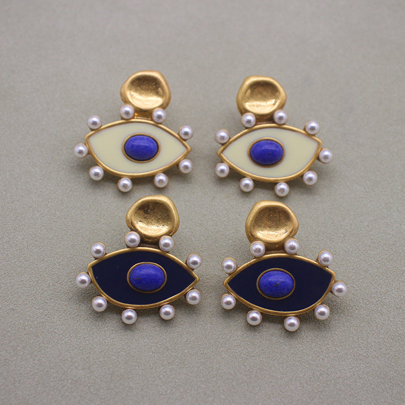 Chic Evil Eye Enamel Earrings - Protective Talisman with Blue Stone & Gold-Tone Accents, Elegant Accessory for Daily Wear & Special Events