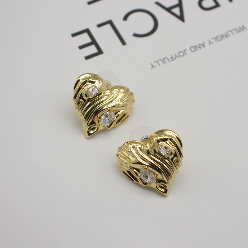 Chic Vintage Graffiti Heart Earrings with Sparkling Gemstones, Gold-Tone Retro Love Statement Jewelry, Ideal for Trendsetters and Special Occasions