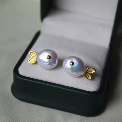 Baroque Pearl Small Fish Stud Earrings with Aurora Borealis Button Whale in S925 Sterling Silver