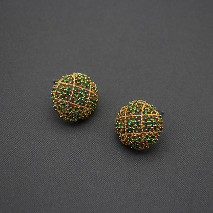 Luxurious Floral-Embellished Green Zirconia Stud Earrings, Gold-Plated Circular Design, Elegant Jewelry for Sophisticated Evenings and Celebratory Occasions