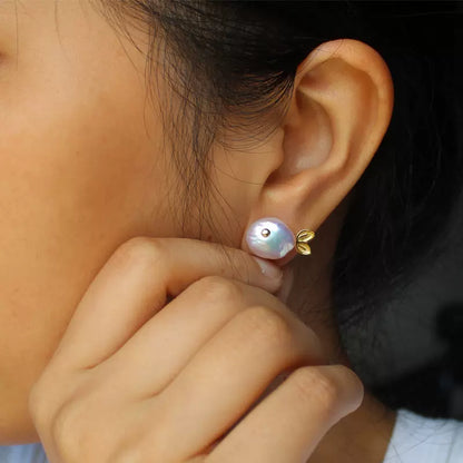 Baroque Pearl Small Fish Stud Earrings with Aurora Borealis Button Whale in S925 Sterling Silver