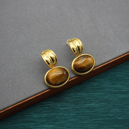 Elegant Tiger’s Eye Stone Necklace and Earrings Set, Versatile Gold-Tone Jewelry, Perfect for Bohemian Chic and Sophisticated Styles