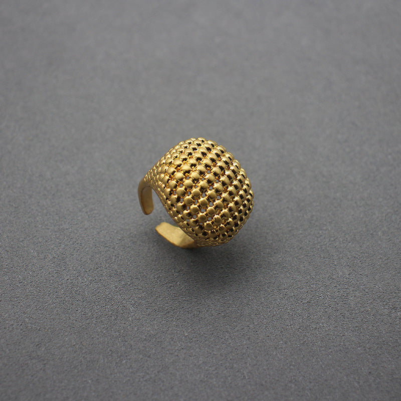 Elegant Quilted Hollow Pattern Gold-Toned Jewelry Set - Chanel Inspired Ring and Stud Earrings, Perfect for Fashionable Outfits & Sophisticated Events, Enhance Your Collection