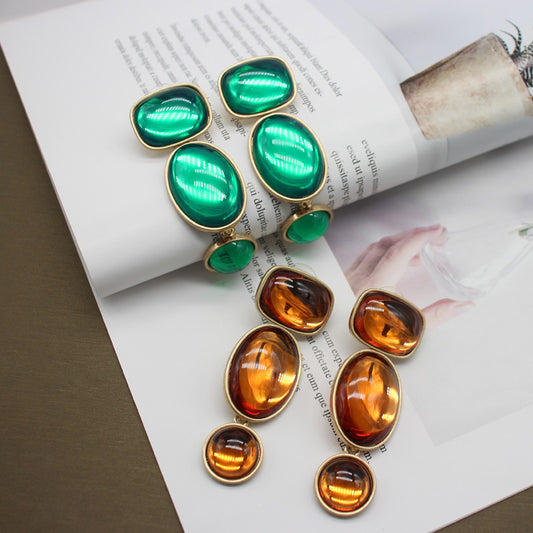 Baroque-Inspired Geometric Oval Earrings - Green & Amber Stone Accents, Fashion-Forward Metallic Design, Perfect for Trendy Outfits & Stylish Events, Must-Have Accessory