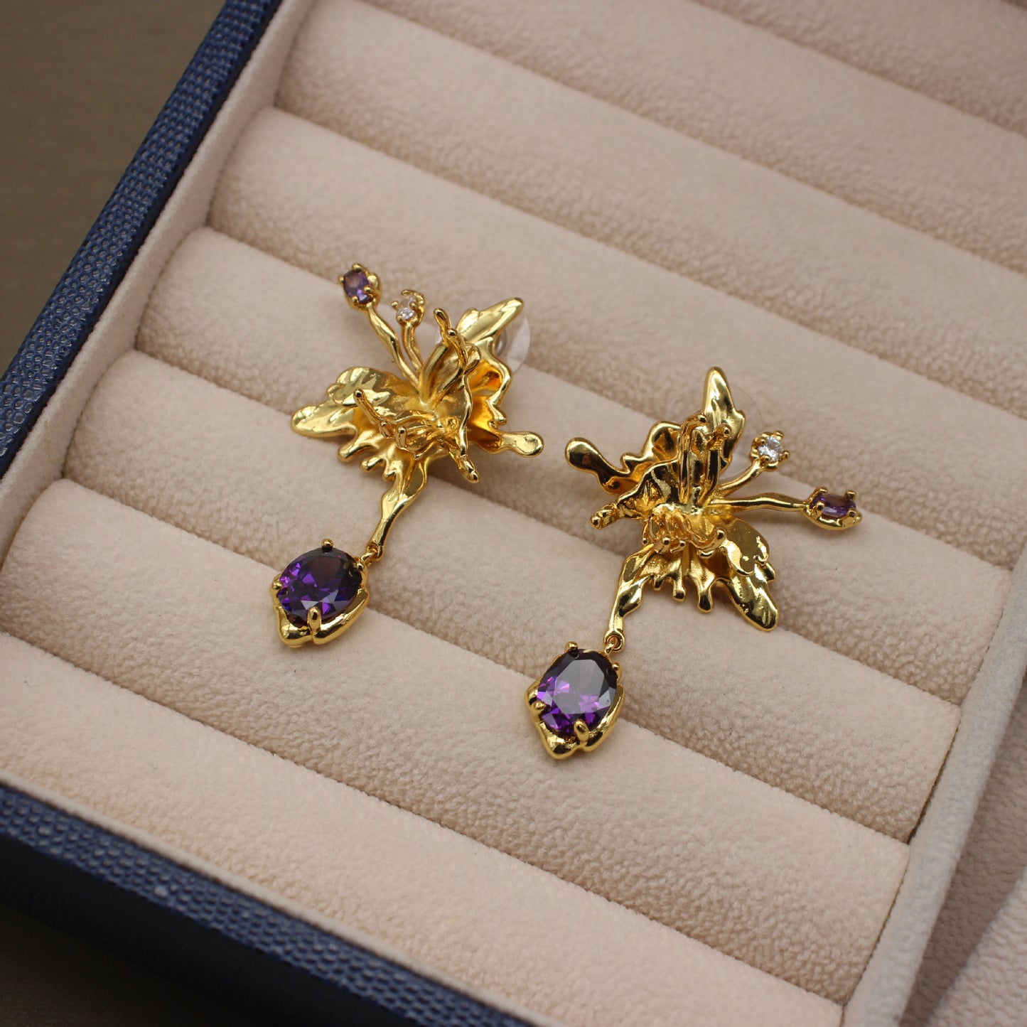 Elegant Butterfly-Inspired Purple Cubic Zirconia Stud Earrings, Gold-Tone Finish, Versatile Fashion Accessory for Day-to-Night Glamour, Perfect for Gifting and Special Occasions