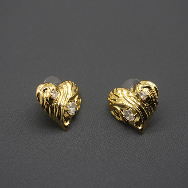 Chic Vintage Graffiti Heart Earrings with Sparkling Gemstones, Gold-Tone Retro Love Statement Jewelry, Ideal for Trendsetters and Special Occasions