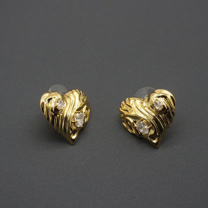 Chic Vintage Graffiti Heart Earrings with Sparkling Gemstones, Gold-Tone Retro Love Statement Jewelry, Ideal for Trendsetters and Special Occasions