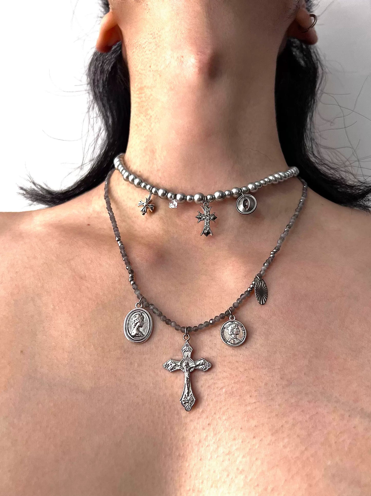 Bead Cross Punk Pearl Layered Choker, Cat Eye Cross Necklace, Metallic Simple Unique Necklace