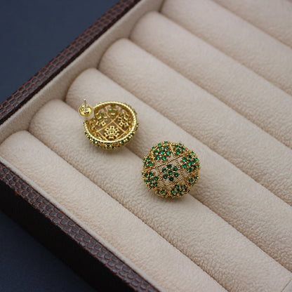 Luxurious Floral-Embellished Green Zirconia Stud Earrings, Gold-Plated Circular Design, Elegant Jewelry for Sophisticated Evenings and Celebratory Occasions