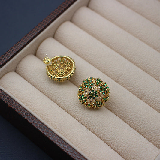 Luxurious Floral-Embellished Green Zirconia Stud Earrings, Gold-Plated Circular Design, Elegant Jewelry for Sophisticated Evenings and Celebratory Occasions