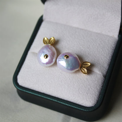 Baroque Pearl Small Fish Stud Earrings with Aurora Borealis Button Whale in S925 Sterling Silver