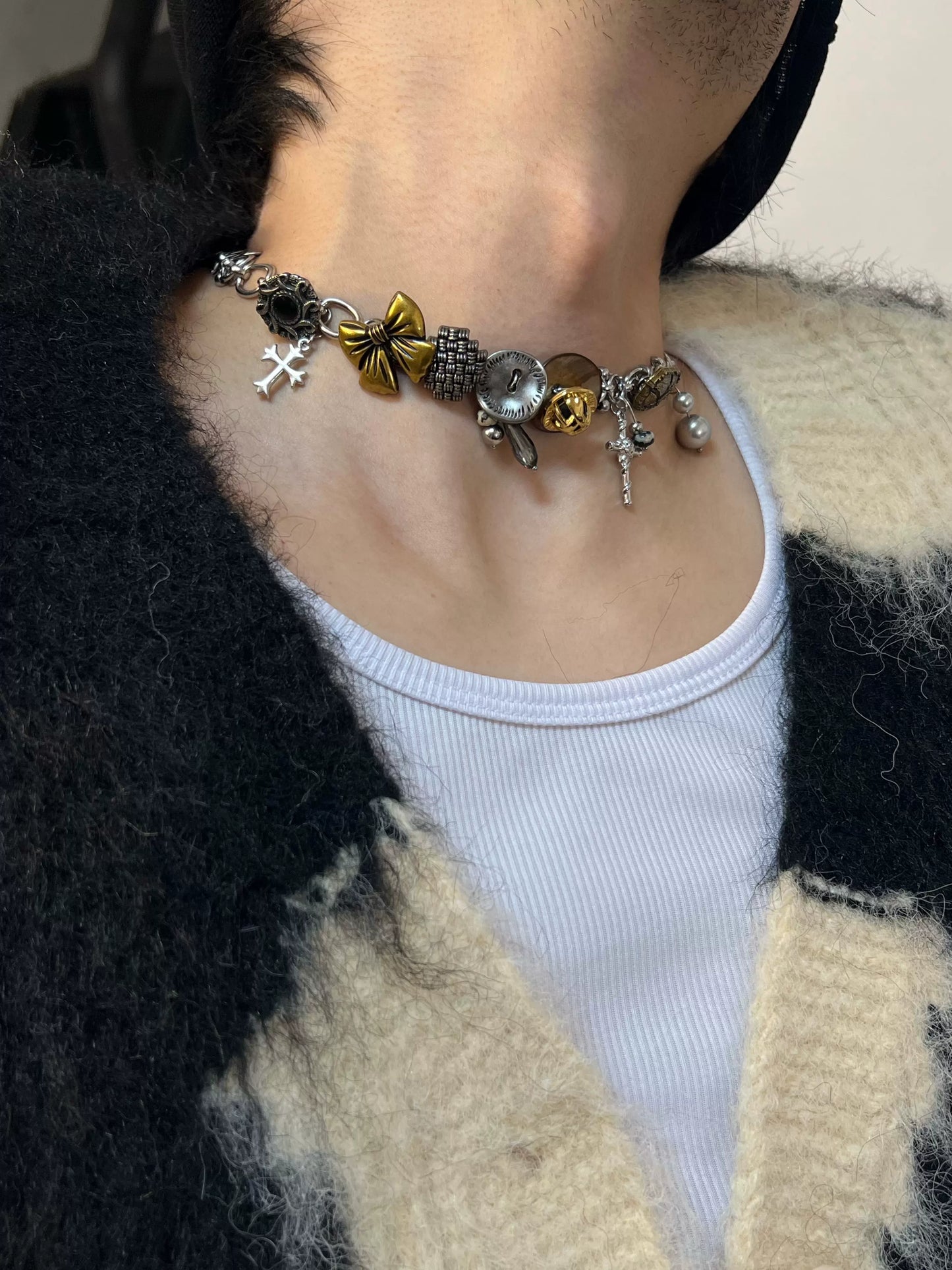 Punk Layered Planet Bowed Choker Love Freshwater Pearl Necklace, Vintage Cross and Love Style, Unique Choker