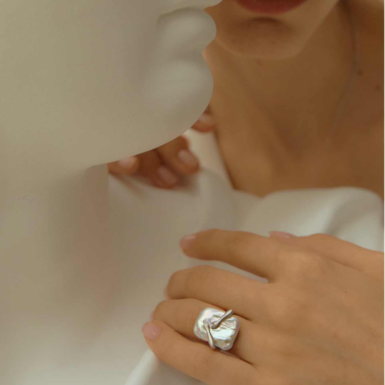 Natural Square Pearl Embrace Ring in S925 Sterling Silver, Adjustable Open Ring