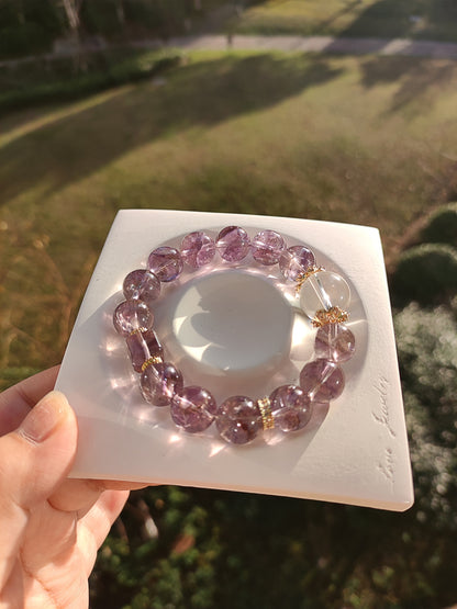 Stretchy Bead Amethyst and Clear Quartz Bracelet, Lavender and White Crystals, Adjustable for 16cm Wrist