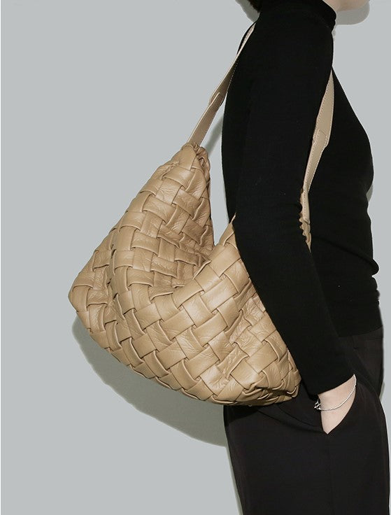 Soft Leather Woven Tote, Large Capacity Hobo Bucket Bag, Premium Satchel with Child Bag