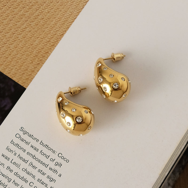 Unique Large Drop Dangle Earrings, Hand-Set Zirconia, 18K Gold-Plated 316L Stainless Steel
