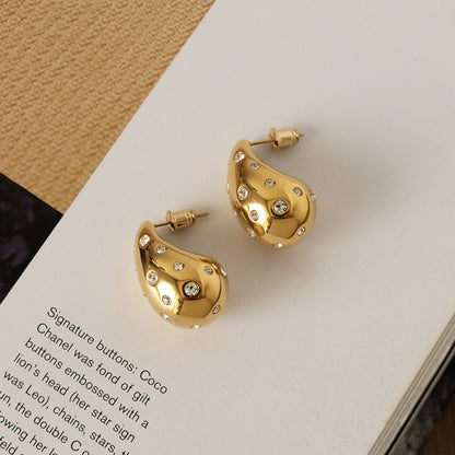 Unique Large Drop Dangle Earrings, Hand-Set Zirconia, 18K Gold-Plated 316L Stainless Steel