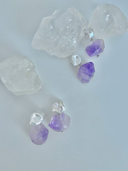 Fresh Aesthetic Purple Crystal & Freshwater Baroque Pearl Earrings & Pendant Necklace, Original Design