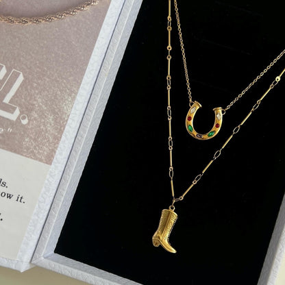 Western Cowboy Boots and Horseshoe Pendant Necklace